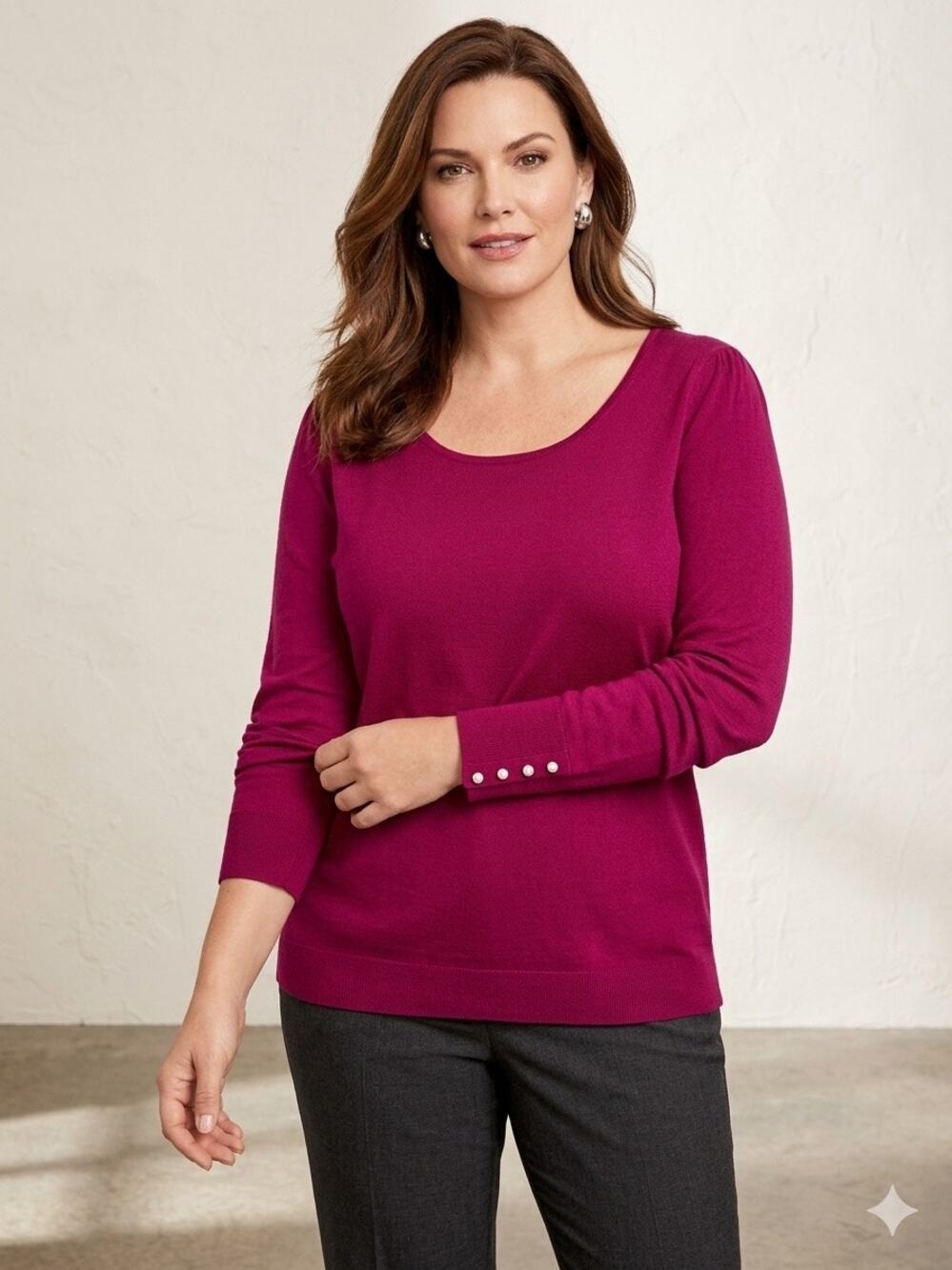 Talbots Merino Wool Sweater Plus Size 2X Magenta Pink Scoop Neck Pearl Button